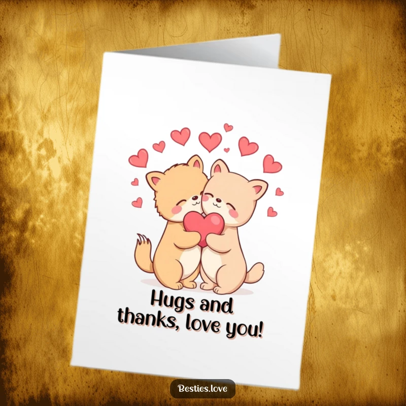 Free Printable Thank You Card: two animals in a blissfully happy hug with hearts floating around, signifying thanks.