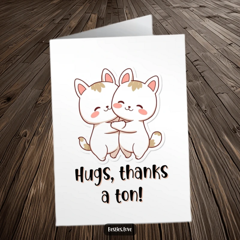 Funny Free Printable Thank You Card illustrating two endearing animals hugging tightly with happy faces.
