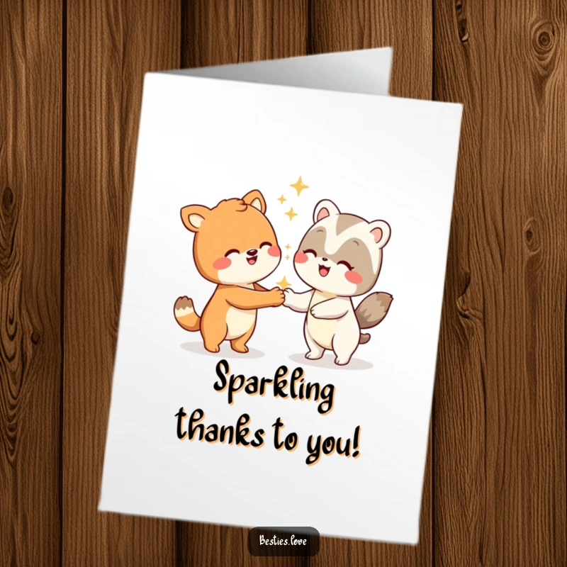 Funny Free Printable Thank You Card: Two smiling animals doing a bizarre yet cheerful handshake with sparkling effects.