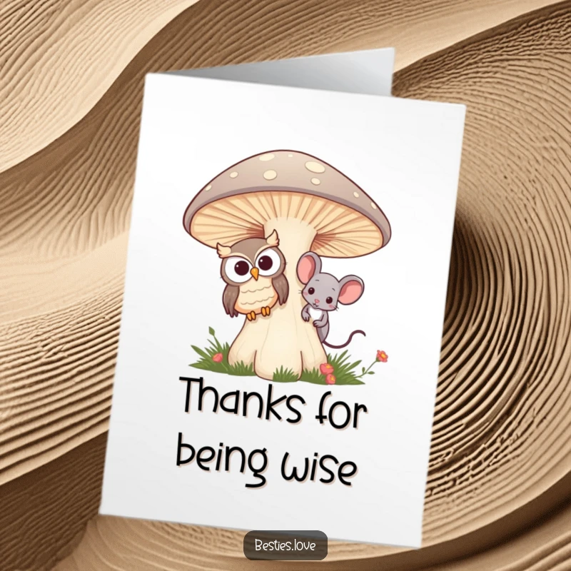 Funny Free Printable Thank You Card: Owl and mouse friends peeking from behind a mushroom, conveying thanks.