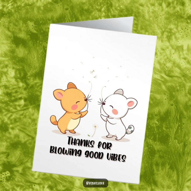 Free Printable Thank You Card with two animals blowing dandelion seeds, representing wishes of gratitude carried on the breeze. A downloadable gift.