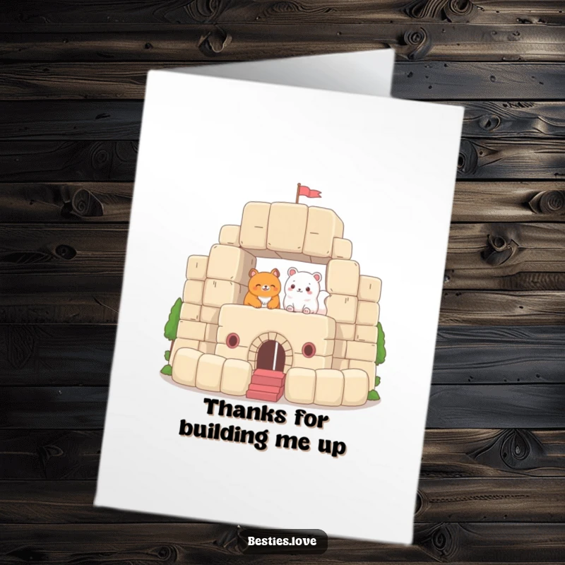 Funny Free Printable Thank You Card: Two friendly animals working together to build a sturdy fort from huge plush blocks.