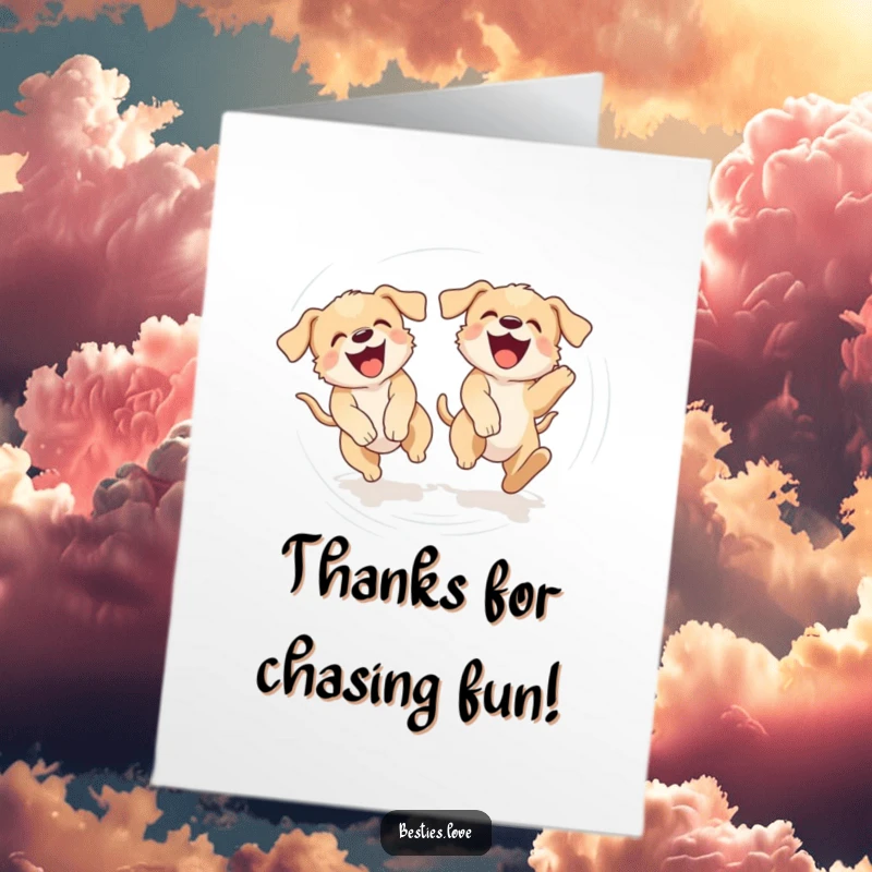 Funny Free Printable Thank You Card: Two puppies chasing their tails in a funny, dizzy circle, a playful way to say thanks.