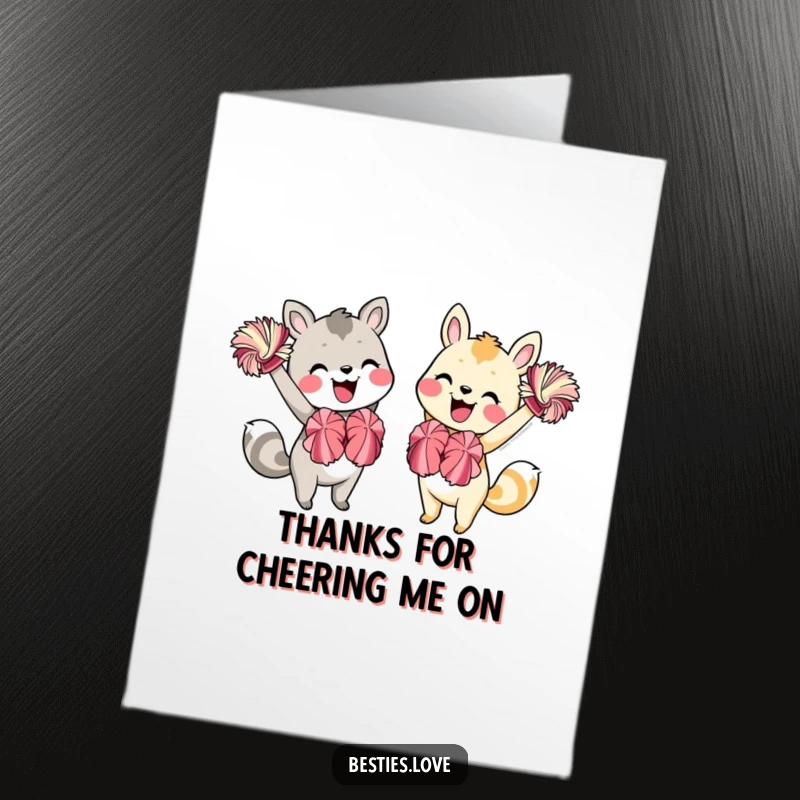Funny Free Printable Thank You Card: Two animal friends beaming brightly while cheering each other on with vibrant pom-poms. A delightful gesture.