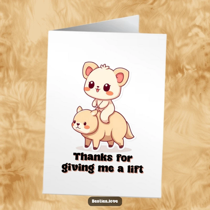 Free Printable Thank You Card with a small animal riding a larger friend, symbolizing carried burdens and deep gratitude. A downloadable gift.