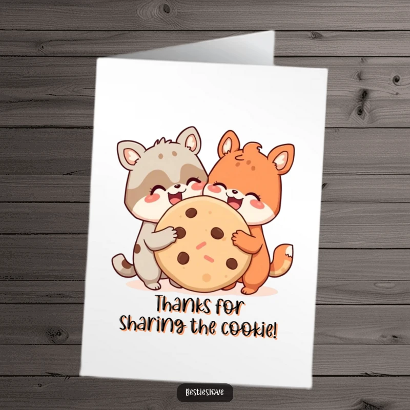 Funny Free Printable Thank You Card with two animal pals sharing a giant cookie, conveying heartfelt thanks with a smile.