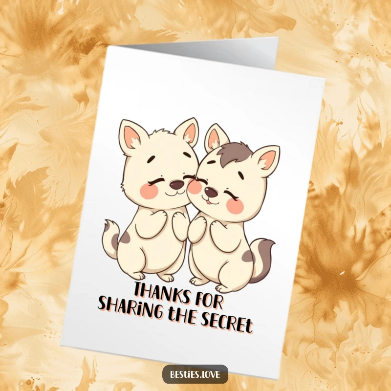 Funny Free Printable Thank You Card: Two bestie animals leaning in, whispering secrets with exaggerated, humorous expressions of delight and conspiracy. A charming design.