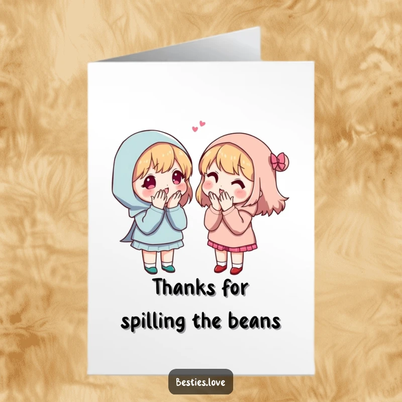 Funny Free Printable Thank You Card with two pals sharing a secret, their expressions hinting at playful appreciation. A downloadable gift.