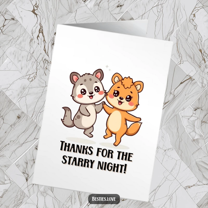 Funny Free Printable Thank You Card: Two cheerful animals with starry eyes dancing together to show thanks.