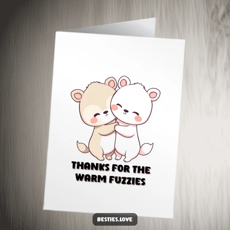 Free Printable Thank You Card: Two very cute animals with big heads and short limbs embracing warmly, expressing gratitude.