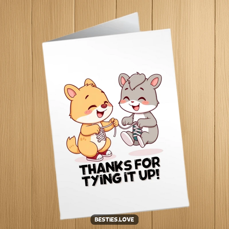 Free Printable Thank You Card depicting a happy animal helpfully tying another's shoelaces, embodying sincere gratitude and support.