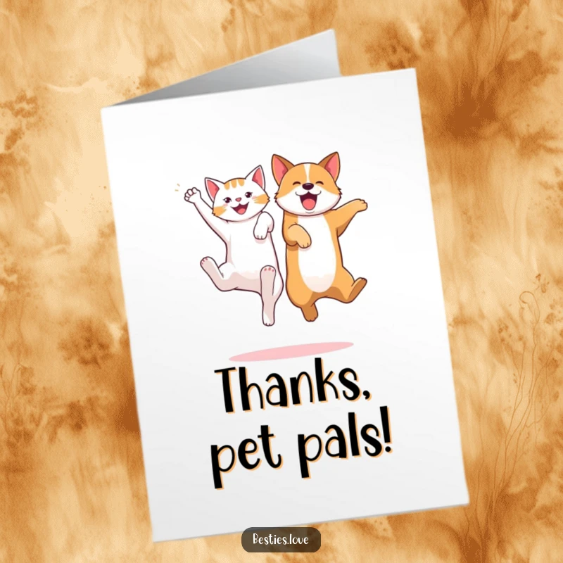 Funny Free Printable Thank You Card: A joyful cat and dog mid-air, legs kicking excitedly, perfect for saying thanks.