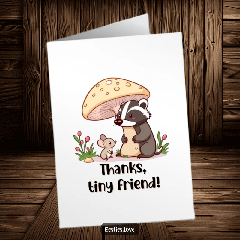 Funny Free Printable Thank You Card: A shy mouse under a mushroom watching a proud badger, a delightful woodland thank you.