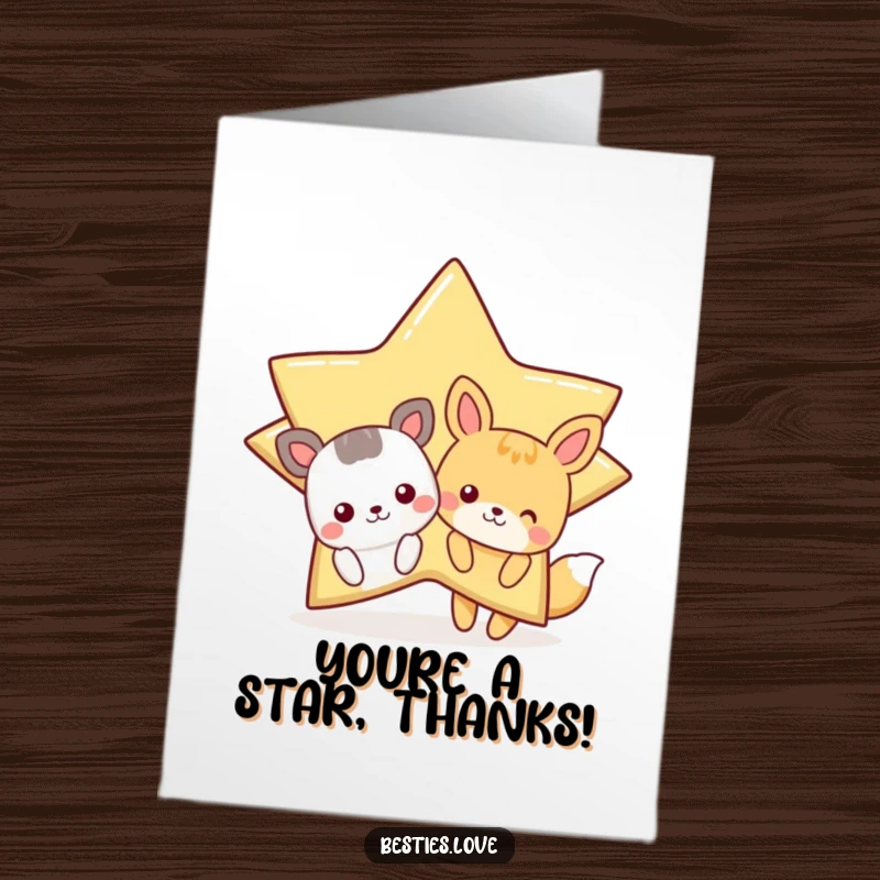 Funny Free Printable Thank You Card with cartoon animals peeking from behind a giant, winking star, expressing thanks.
