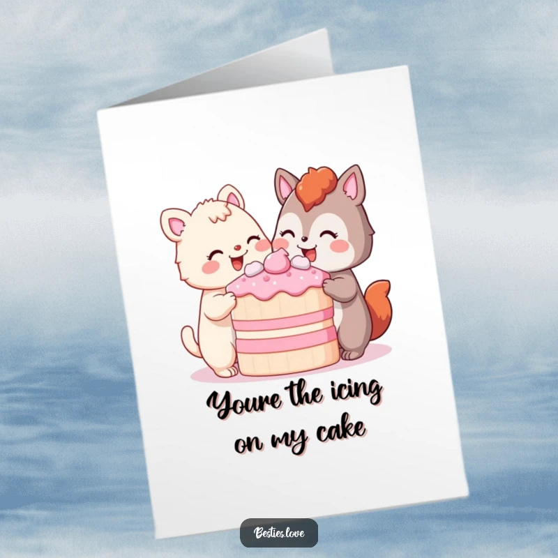 Funny Free Printable Thank You Card: Two content animals sharing a generous slice of cake, symbolizing shared happiness.