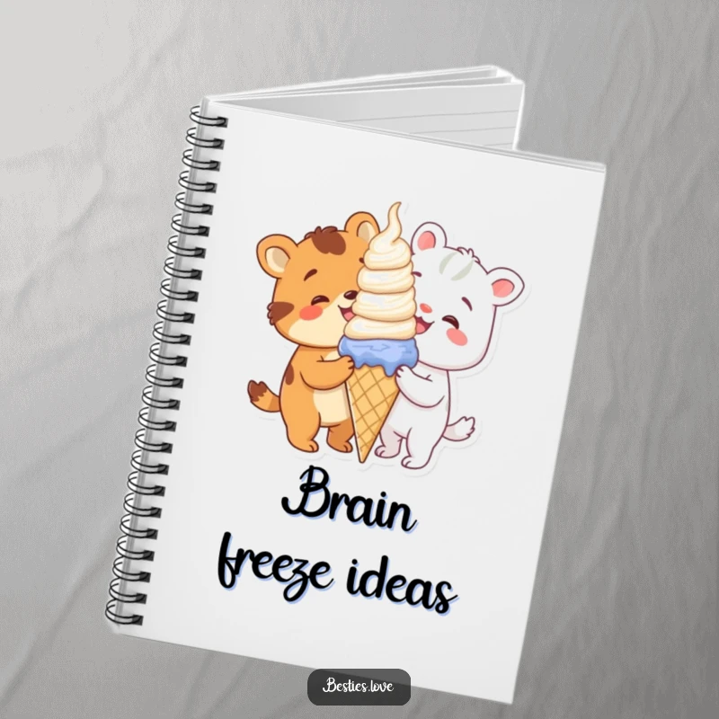 Funny animals sharing a giant ice cream cone, a charming notebook for capturing sweet thoughts.