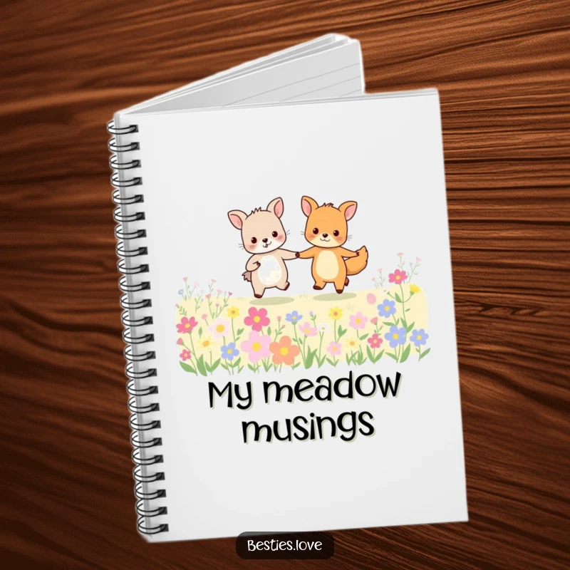 Funny animal friends notebook featuring two happy creatures holding hands and skipping through a field of colorful flowers.