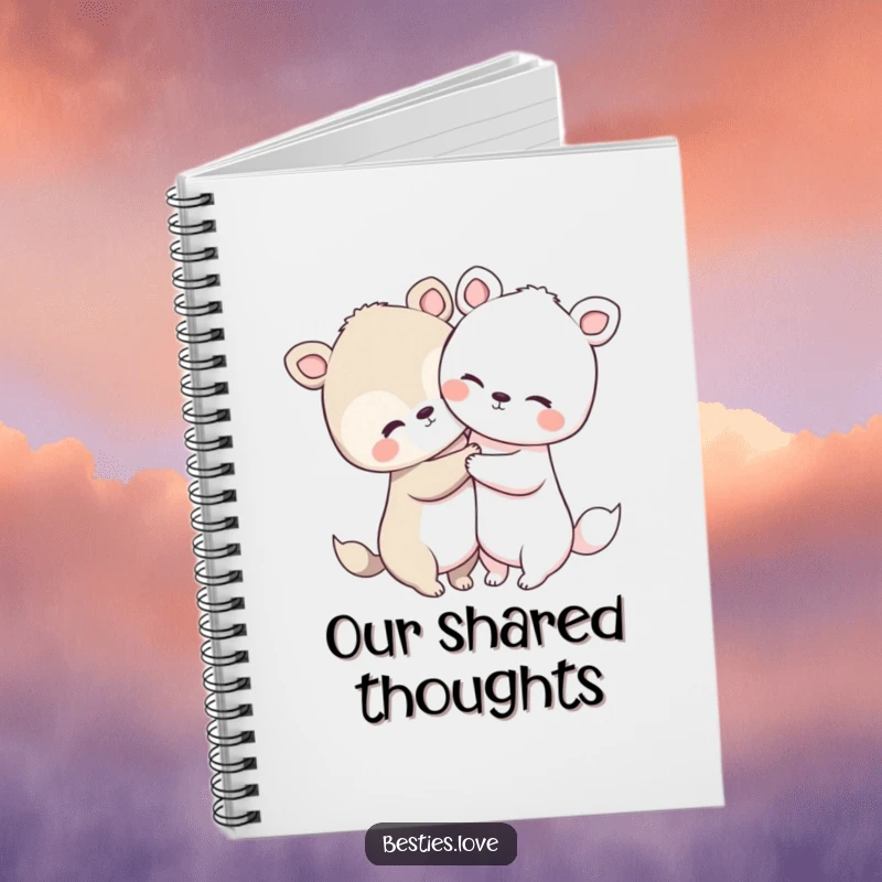Funny animal hug notebook featuring two cute animals with large heads and short limbs in a warm embrace, ready for notes.