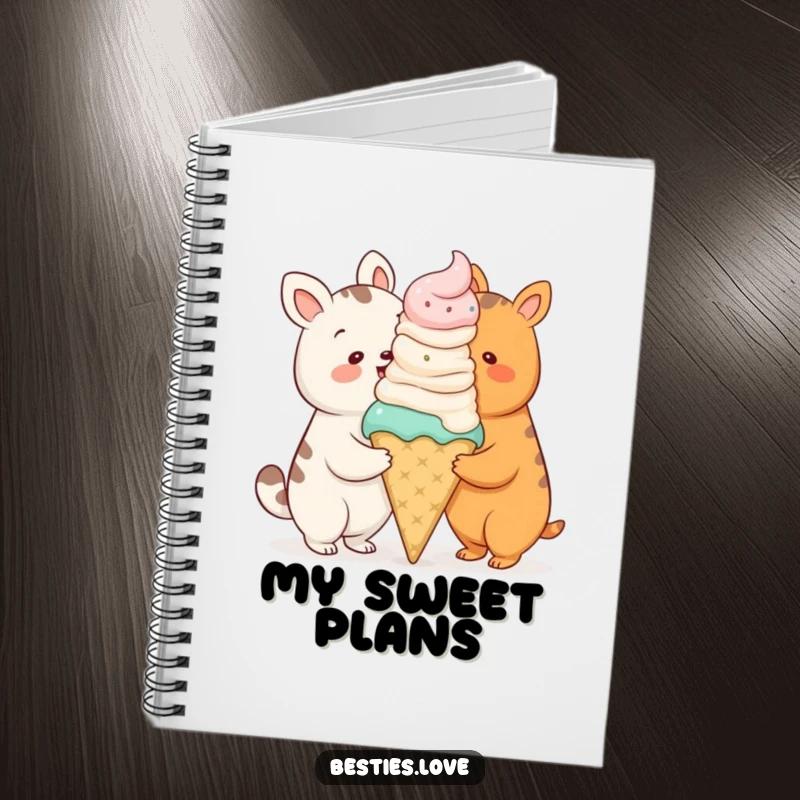 Funny notebook cover showing two cartoon animals sharing a huge ice cream cone, inspiring sweet thoughts and creativity.