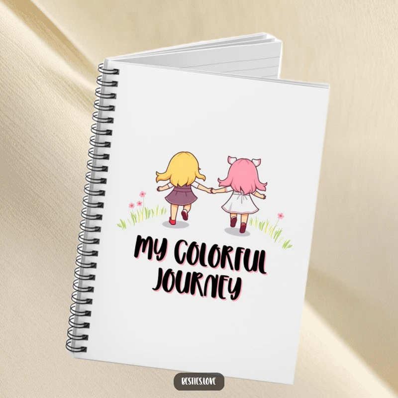 Funny notebook featuring best friends holding hands and skipping down a vibrant rainbow path, perfect for notes and creative writing.