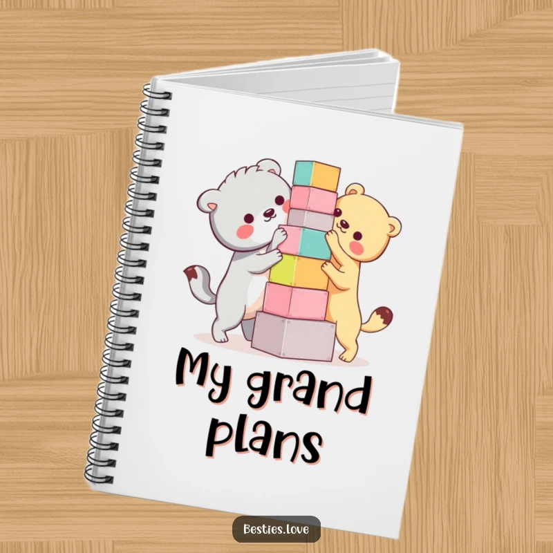 Funny Bestie Animals Notebook: A comical illustration of two animals humorously building a precarious block tower, inspiring creative planning.