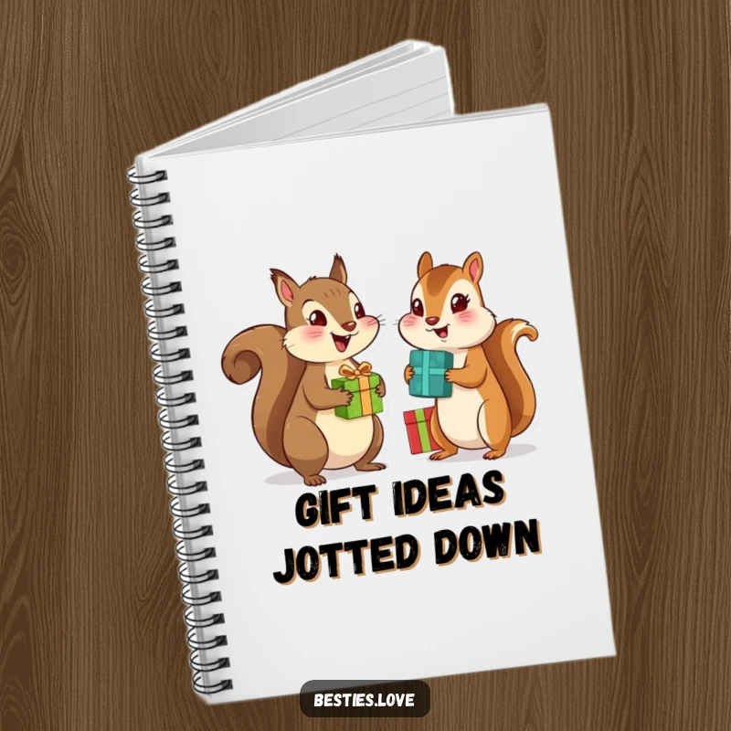 Funny notebook illustrating an excited squirrel and chipmunk best friends exchanging gifts, perfect for notes and creative thoughts.