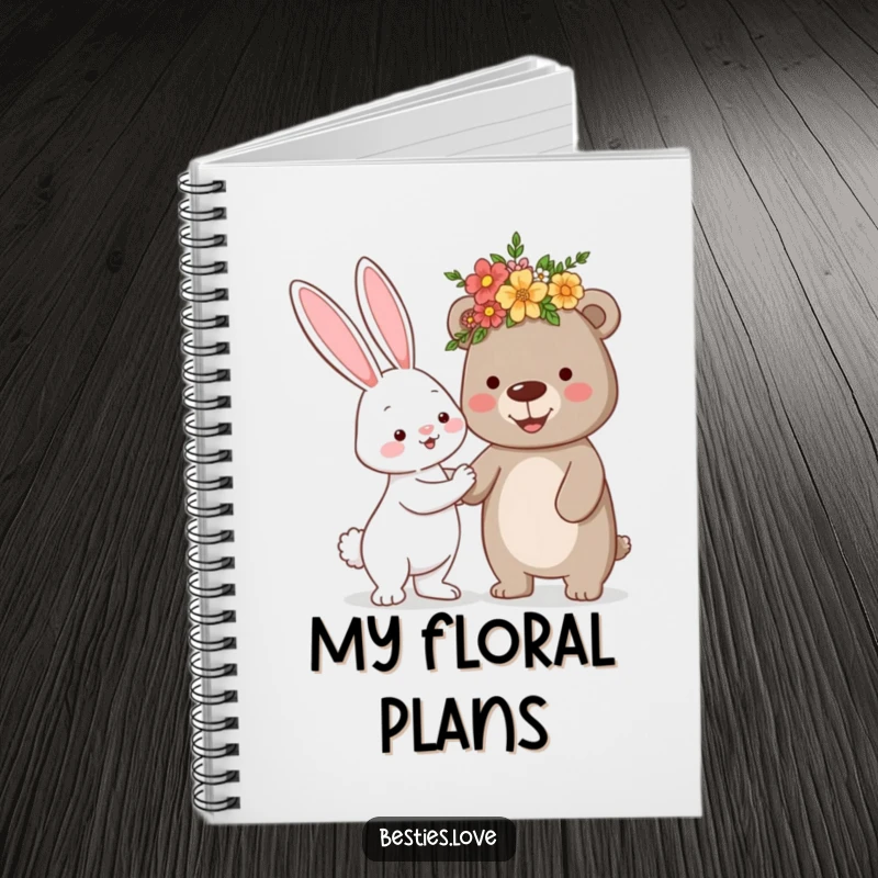 Funny notebook with a bunny offering a silly flower crown to a bear, ideal for jotting down notes with cute animal charm.