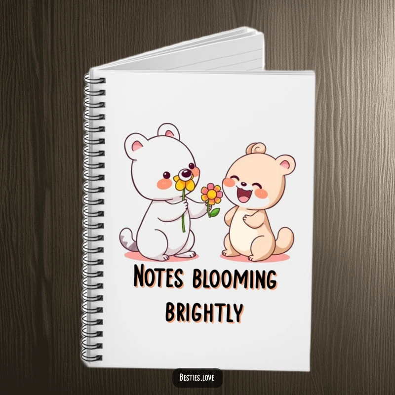 Funny notebook with a cute animal offering a colorful flower to a laughing friend, perfect for writing and creativity.