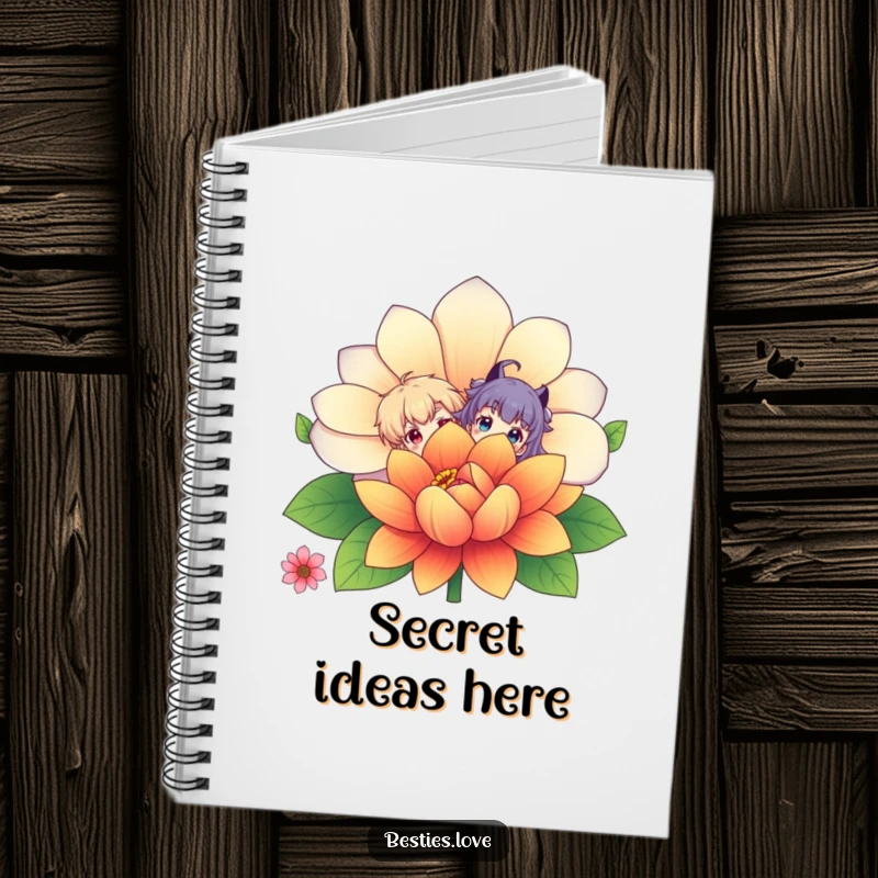 Funny Notebook: Two charming characters peek out from behind a large, vibrant flower, offering a humorous and inspiring cover for notes.
