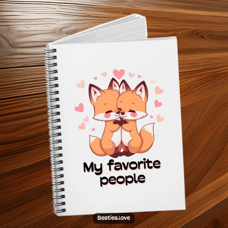 Funny notebook with two adorable fox friends hugging, surrounded by sparkling hearts, perfect for jotting down notes with cute animal flair.