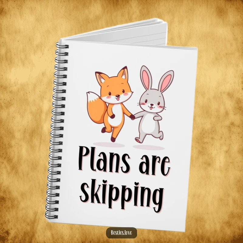 Funny fox and rabbit best friends notebook cover, showing them skipping joyfully hand-in-hand, perfect for capturing happy thoughts.