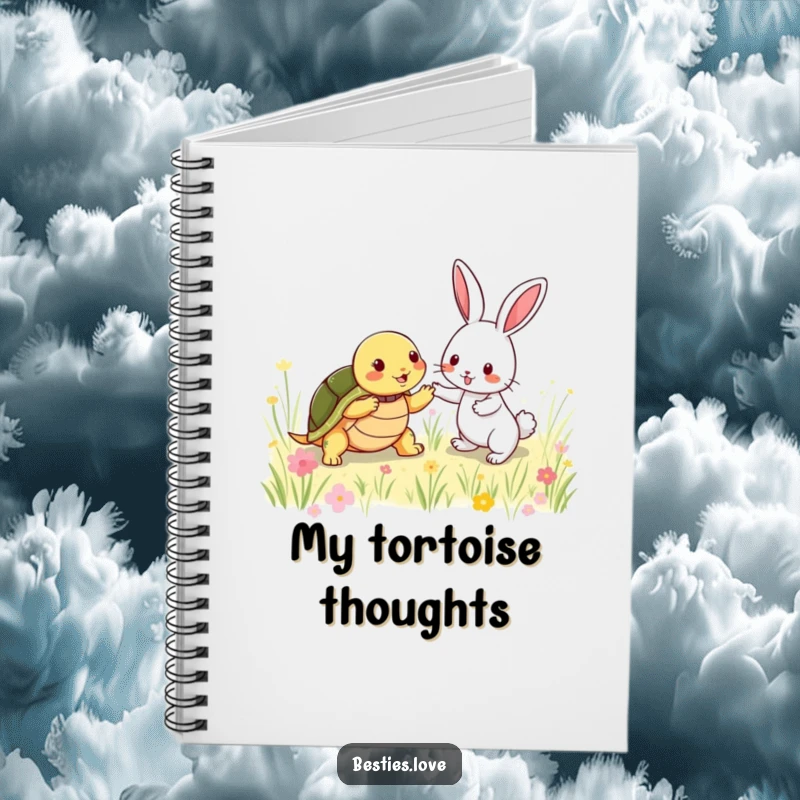 Funny Notebook: A shy turtle and an energetic rabbit playing tag in a meadow, perfect for jotting down notes and funny ideas.