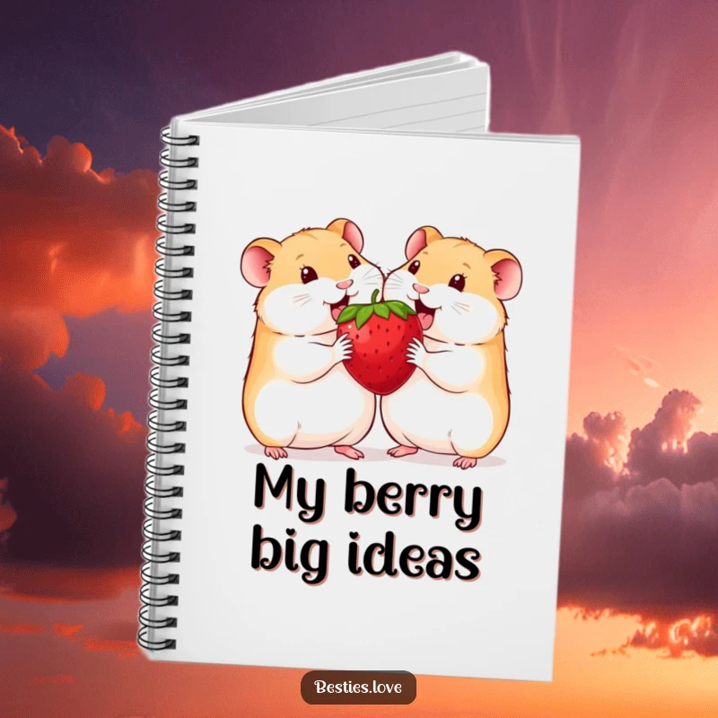Funny hamster notebook featuring two happy hamsters sharing a comically large strawberry, perfect for writing or doodling.
