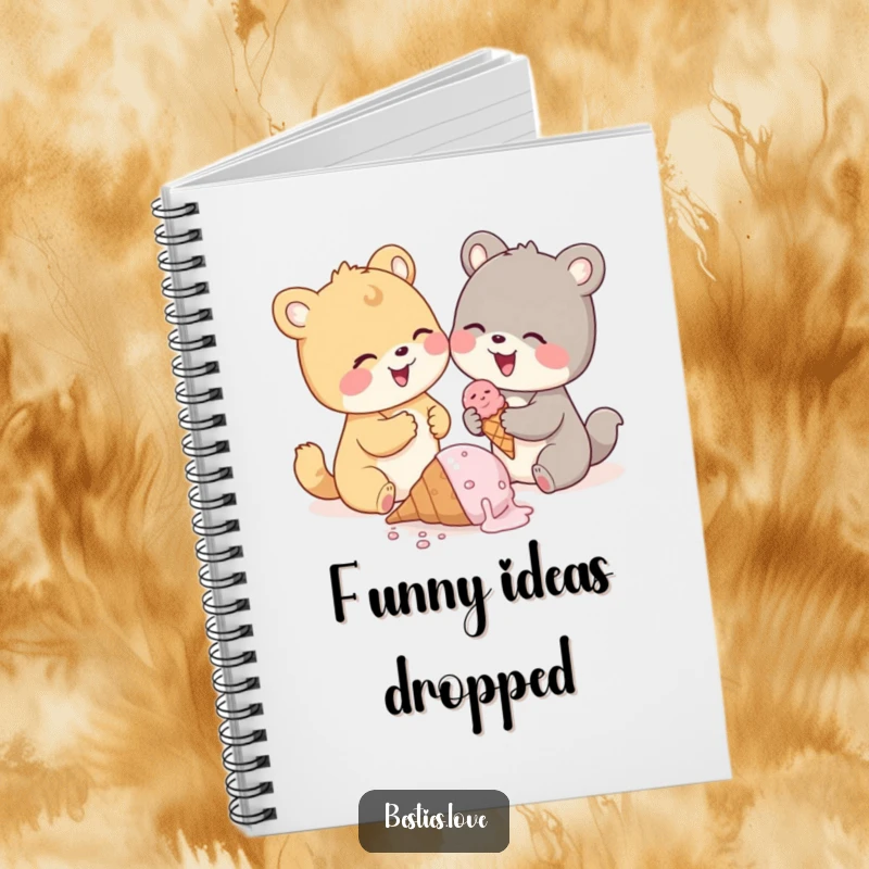 Funny animal pals notebook, two cute animals giggling over a dropped ice cream cone, ideal for notes and drawings.