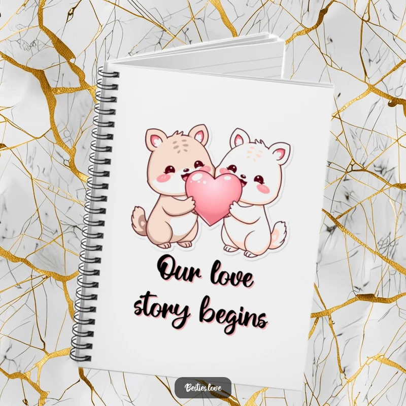 Funny notebook with two smiling animals sharing a big shiny heart, perfect for writing notes and creative ideas.