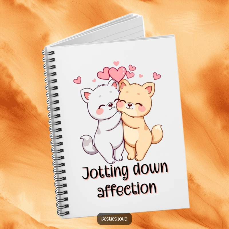 Funny kawaii animals hugging with hearts floating, a cute and inspiring design on a notebook for jotting down ideas.