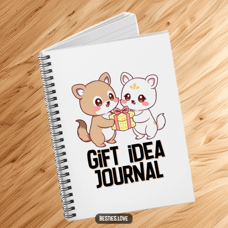 Funny kawaii animals exchanging a birthday gift, a lined notebook for planning and notes, cheerful gift.