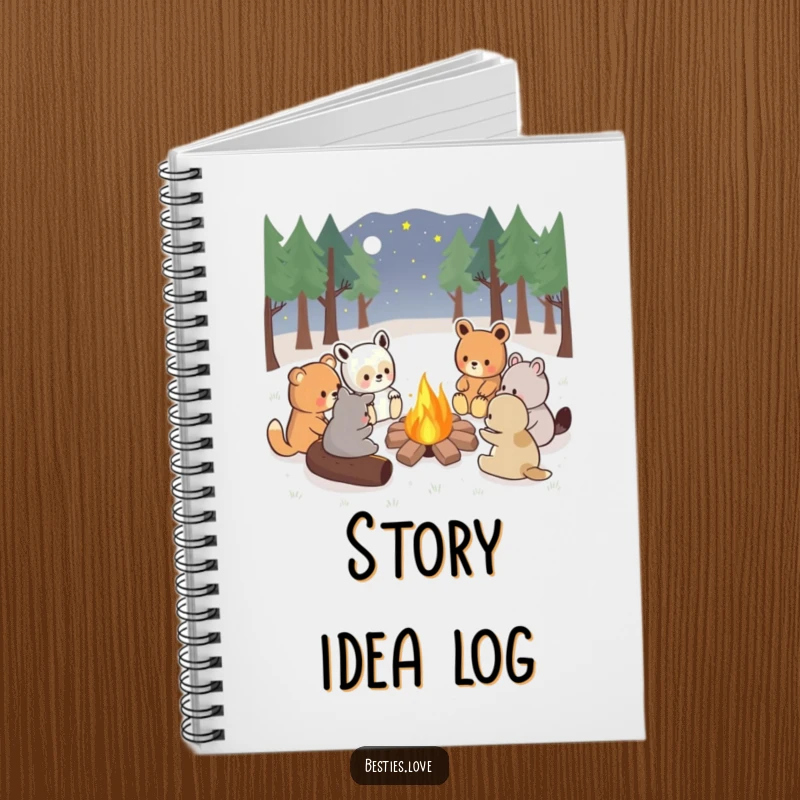 Funny kawaii animals gathered around a campfire telling stories, a lined notebook for writing, cheerful gift.