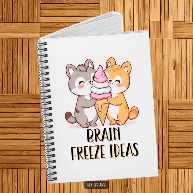 Funny kawaii animals sharing a giant ice cream cone, a lined notebook for writing and drawing, sweet gift.