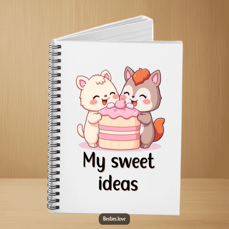 Funny Notebook featuring two animals happily sharing a large cake with pleased smiles, perfect for jotting down sweet thoughts and creative ideas.