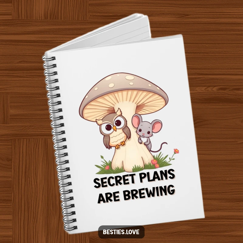Funny notebook with an owl and mouse best friends peeking from behind a mushroom, perfect for notes and creative writing.