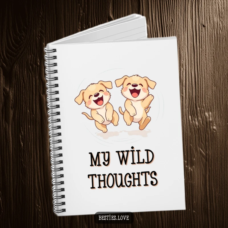 Funny notebook featuring two laughing puppies chasing their tails in a dizzying circle, perfect for jotting notes with puppy charm.