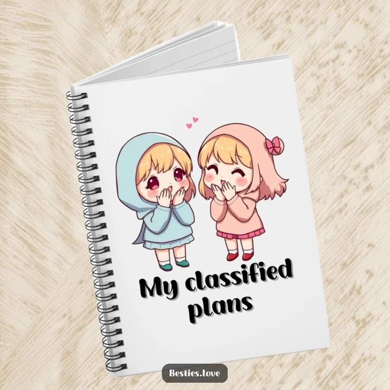 Funny Secret Sharing Friends Notebook with two friends whispering secrets, ideal for jotting down notes with a humorous twist.