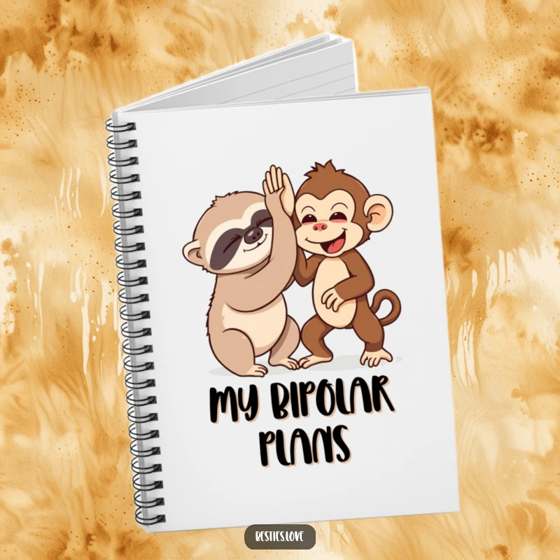 Funny notebook with a sleepy sloth and an energetic monkey high-fiving, perfect for writing and organizing with a smile.