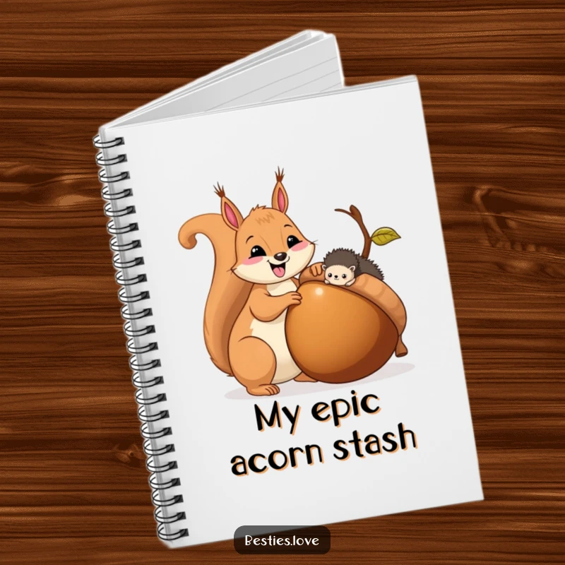 Funny notebook with a squirrel and hedgehog sharing an acorn, perfect for journaling and note-taking with a smile.