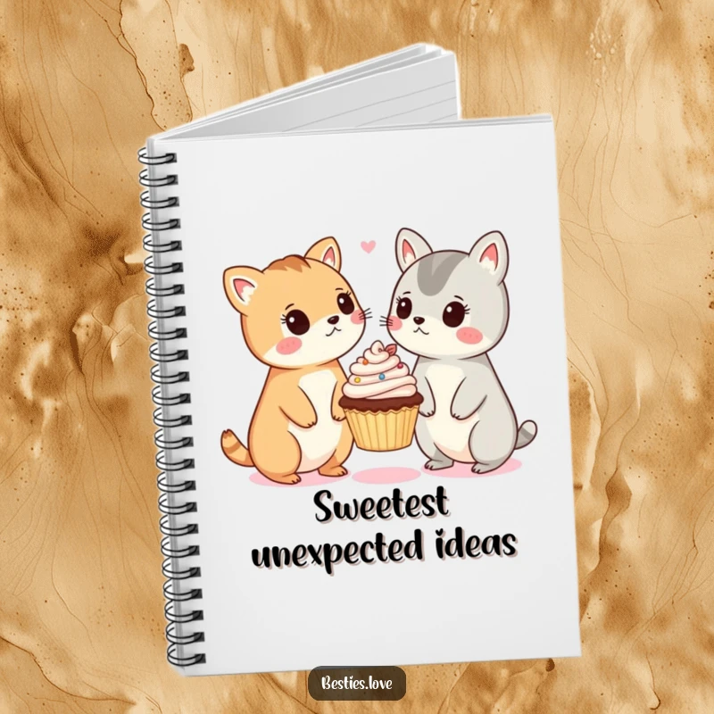 Funny notebook cover showing two adorable animals reacting with surprise to a small, floating cupcake, inspiring creative writing.