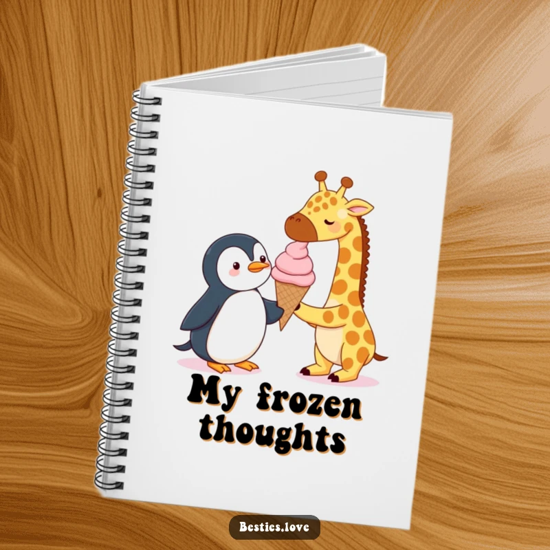 Funny Notebook: A giraffe and a penguin sharing a single, oversized ice cream cone, perfect for jotting down sweet thoughts and ideas.