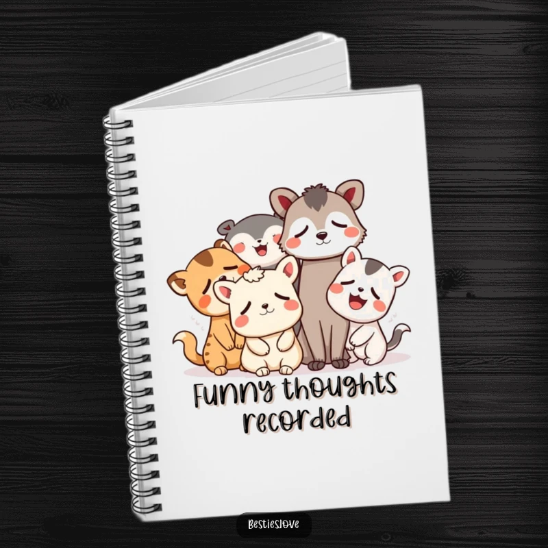 Funny animal notebook cover featuring a group of whimsical friends laughing uncontrollably, eyes teary, perfect for jotting down funny thoughts.