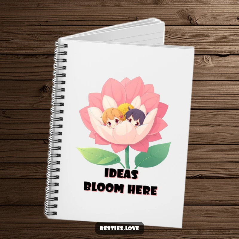Funny notebook with two characters peeking from behind a vibrant flower, ideal for capturing playful thoughts and ideas.