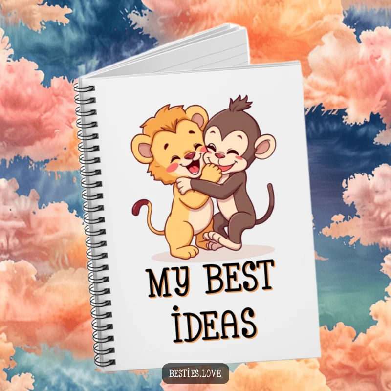 Funny Notebook: A lion cub and a playful monkey wrestling joyfully, perfect for jotting down ideas and playful thoughts.